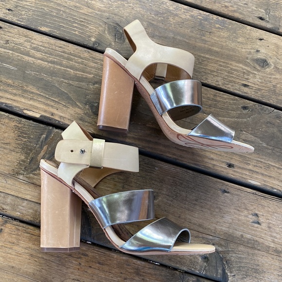 Sam Edelman Yelena Silver & Tan Leather Strappy Block Heels - Picture 2 of 14